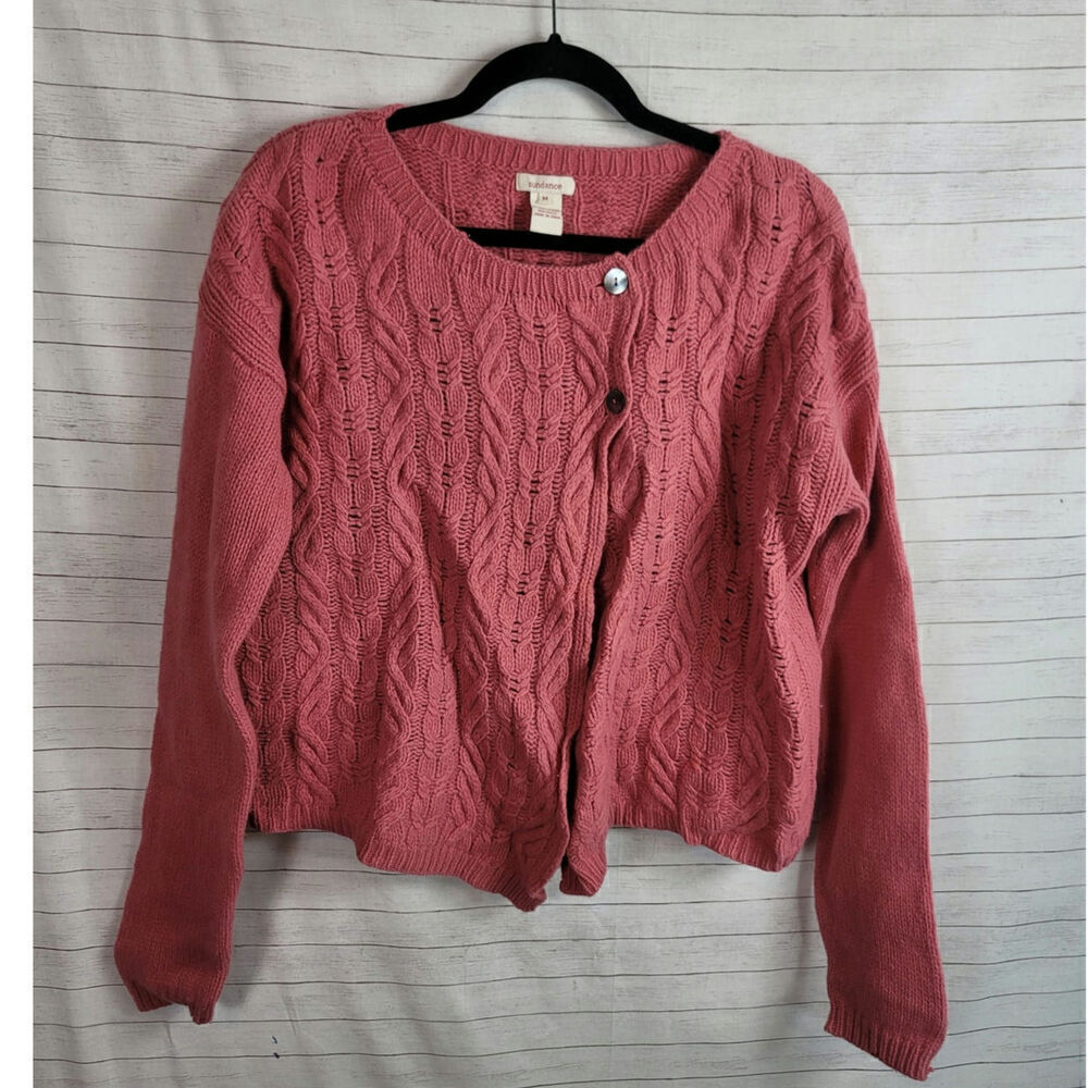 SUNDANCE MERINO WOOL CABLE KNIT  CARDIGAN SWEATER IN ROSE PINK, SZ MEDIUM